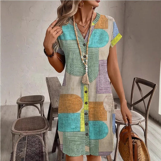 Robe femme midi – Coupe ample – Col en V – Manches courtes – Boutonnée