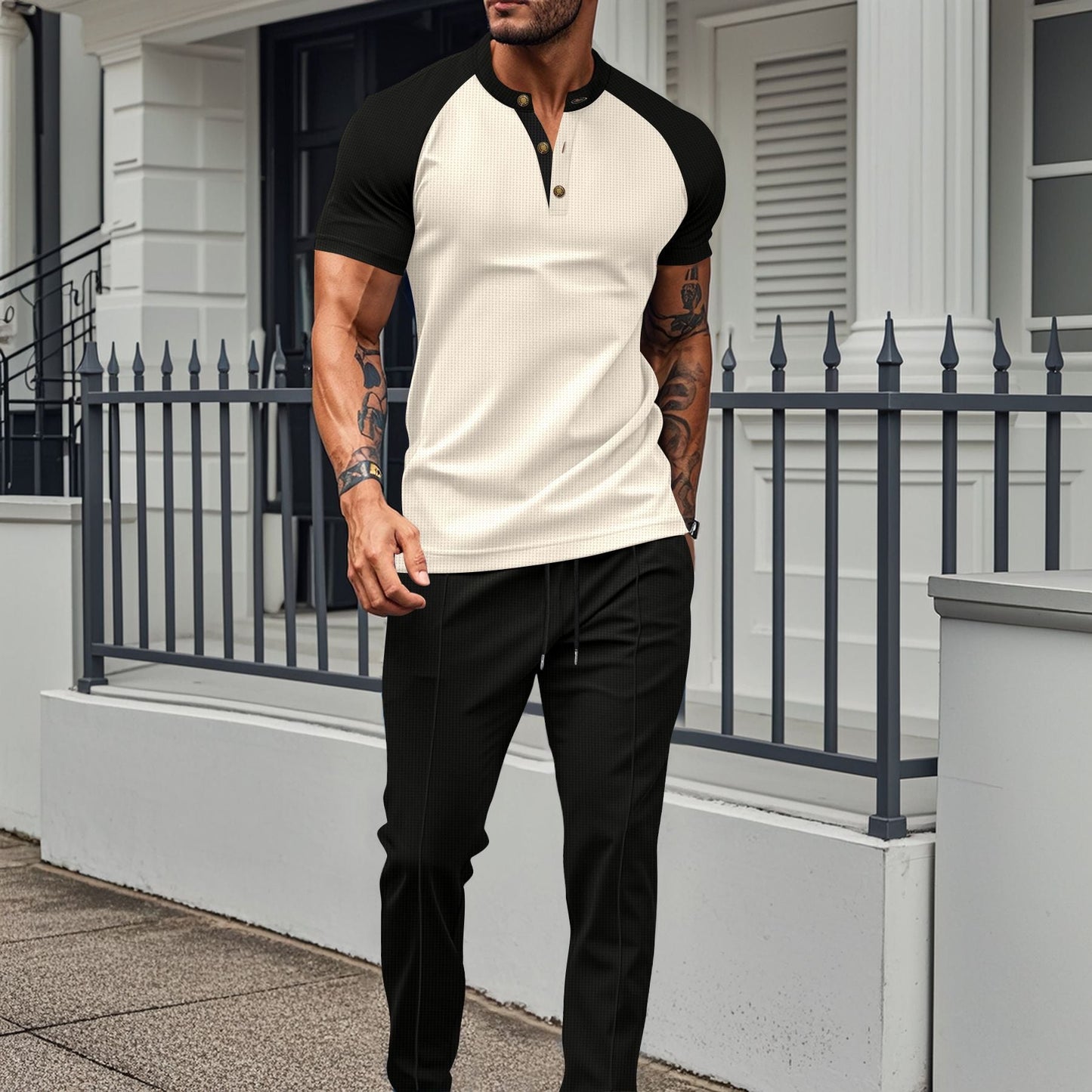 Ensemble deux pièces homme – Haut manches courtes – Coupe slim – Manches raglan – Pantalon droit – Mélange coton