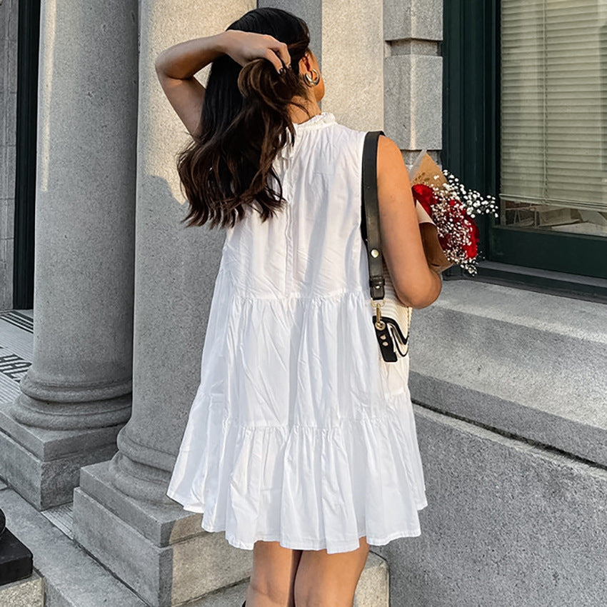 Robe femme trapèze – Sans manches – Col haut – Ourlet volanté