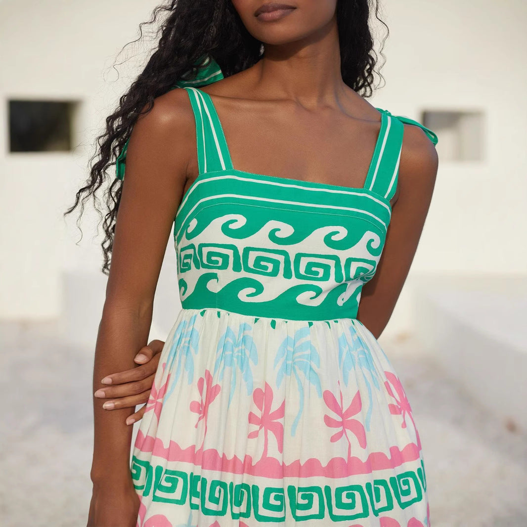 Robe longue femme – Tissu respirant – Coupe évasée – Motifs bohèmes à volants