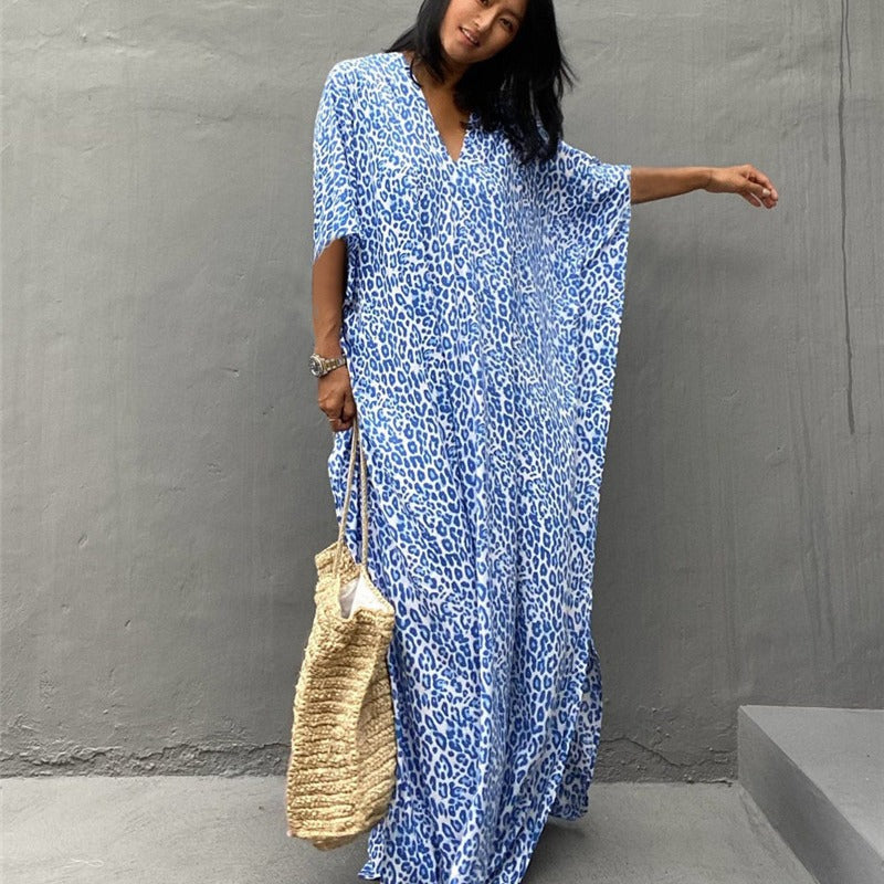 Robe caftan femme – Coupe ample – Tissu respirant – Imprimé animal – Col en V