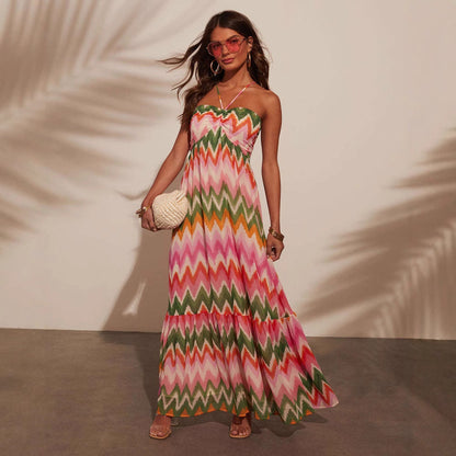 Robe longue femme – Col halter – Coupe fluide – Jupe évasée à volants – Tissu respirant