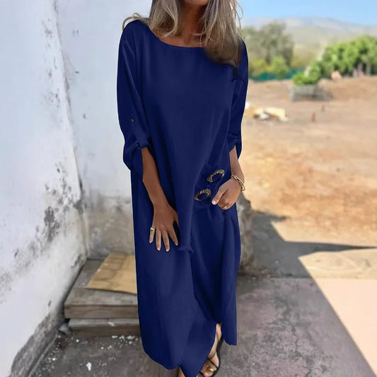 Robe femme – Coupe oversize – Longue – Manches longues – Tissu doux façon coton – Boutons côté