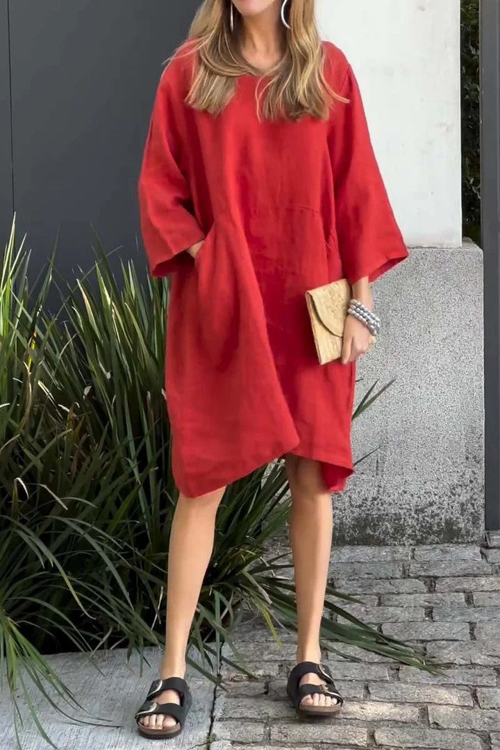 Robe femme – Coupe ample – Lin coton – Manches 3/4 – Longueur genou – Poches