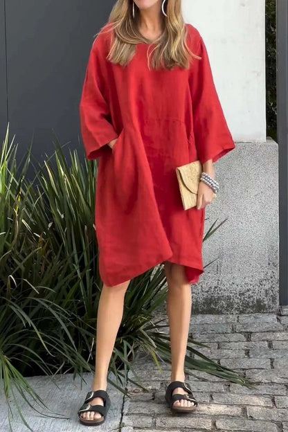 Robe femme – Coupe ample – Lin coton – Manches 3/4 – Longueur genou – Poches