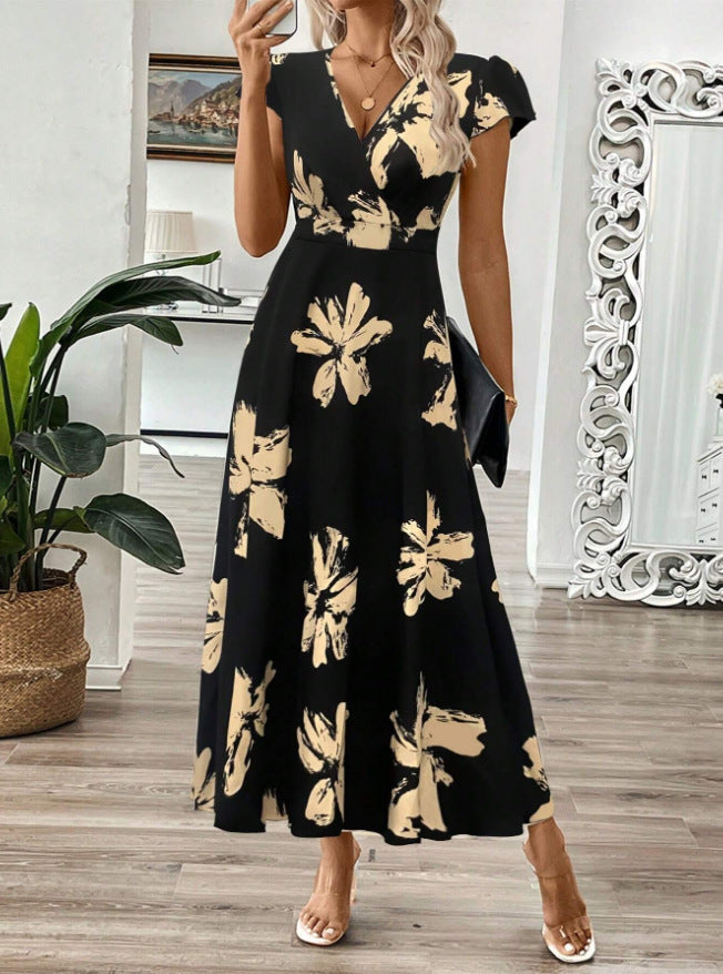 Robe longue femme – Décolleté cache-cœur – Manches courtes – Imprimé floral