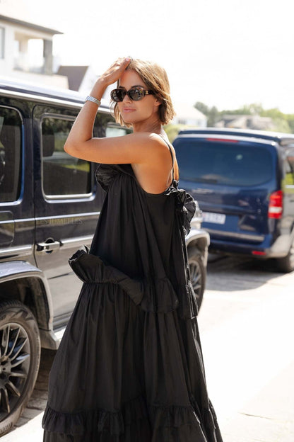 Robe longue femme – Coupe fluide – Décolleté à volants – Bretelles fines – Jupe à étages