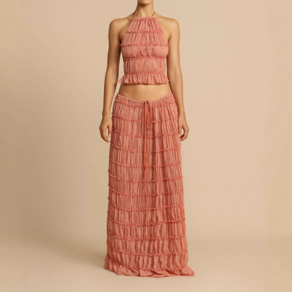 Ensemble Deux Pièces Femme – Haut Halter Froncé – Jupe Longue Taille Élastique – Tissu Respirant