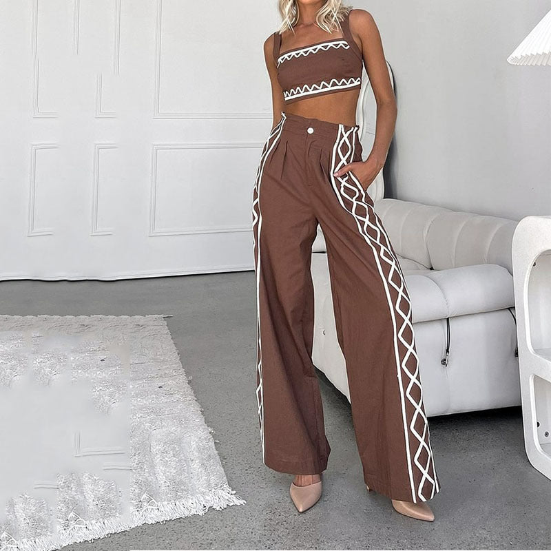 Ensemble Femme Deux Pièces – Top Court Asymétrique – Pantalon Taille Haute Large – Imprimé
