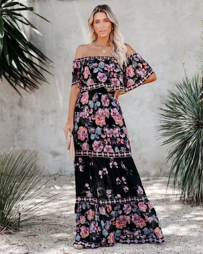 Robe Longue Femme – Épaules Dénudées – Imprimé Floral – Jupe Volante – Tissu Léger