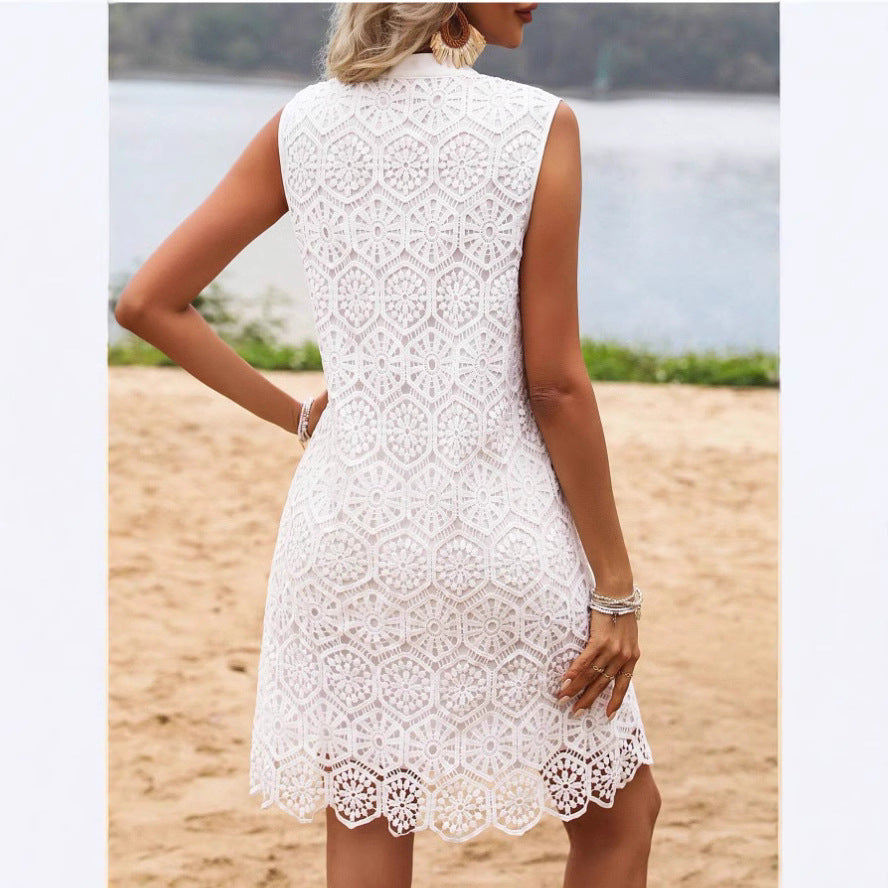 Robe mini femme – Tissu ajouré – Coupe droite – Sans manches – Décolleté en V