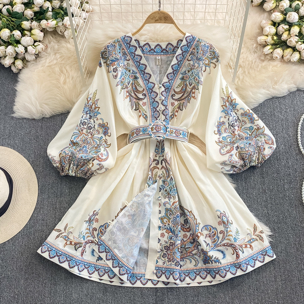 Robe longue femme – Tissu respirant – Coupe fluide – Ceinture – Motif cachemire