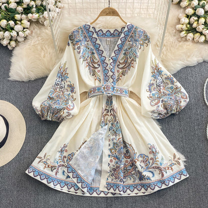 Robe longue femme – Tissu respirant – Coupe fluide – Ceinture – Motif cachemire
