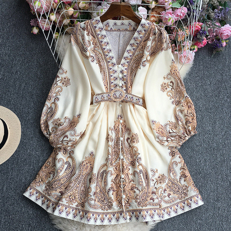 Robe longue femme – Tissu respirant – Coupe fluide – Ceinture – Motif cachemire