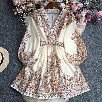 Robe longue femme – Tissu respirant – Coupe fluide – Ceinture – Motif cachemire