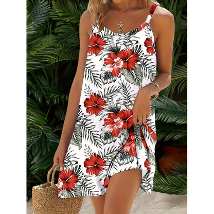 Robe mini femme – Coupe fluide – Imprimé tropical – Bretelles fines – Coton léger