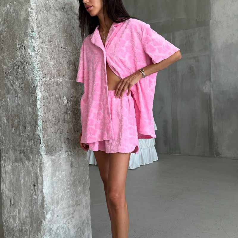 Women's pyjamas – Comfortable jacquard set – Loose fit – Buttoned shirt & elastic shorts