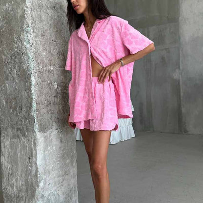 Women's pyjamas – Comfortable jacquard set – Loose fit – Buttoned shirt & elastic shorts
