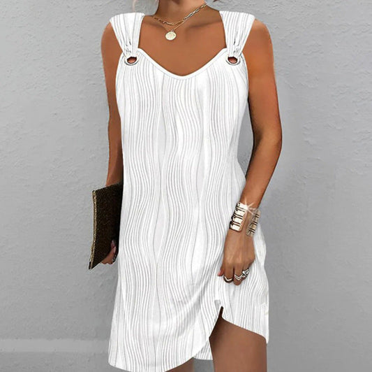 Robe mini femme – Coupe ajustée – Maille douce – Col en V – Motif ondulé – Anneaux métal