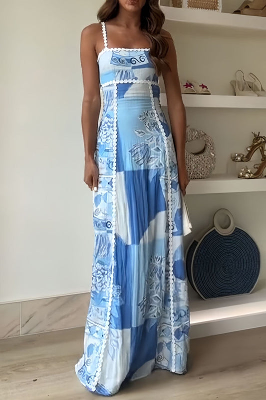 Robe longue sans manches femme – Coupe évasée fluide – Dentelle – Imprimé bohème