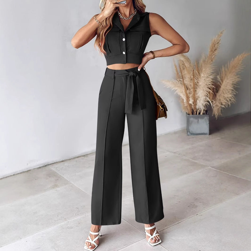 Ensemble femme – Top court sans manches à col – Pantalon large taille haute ceinturé