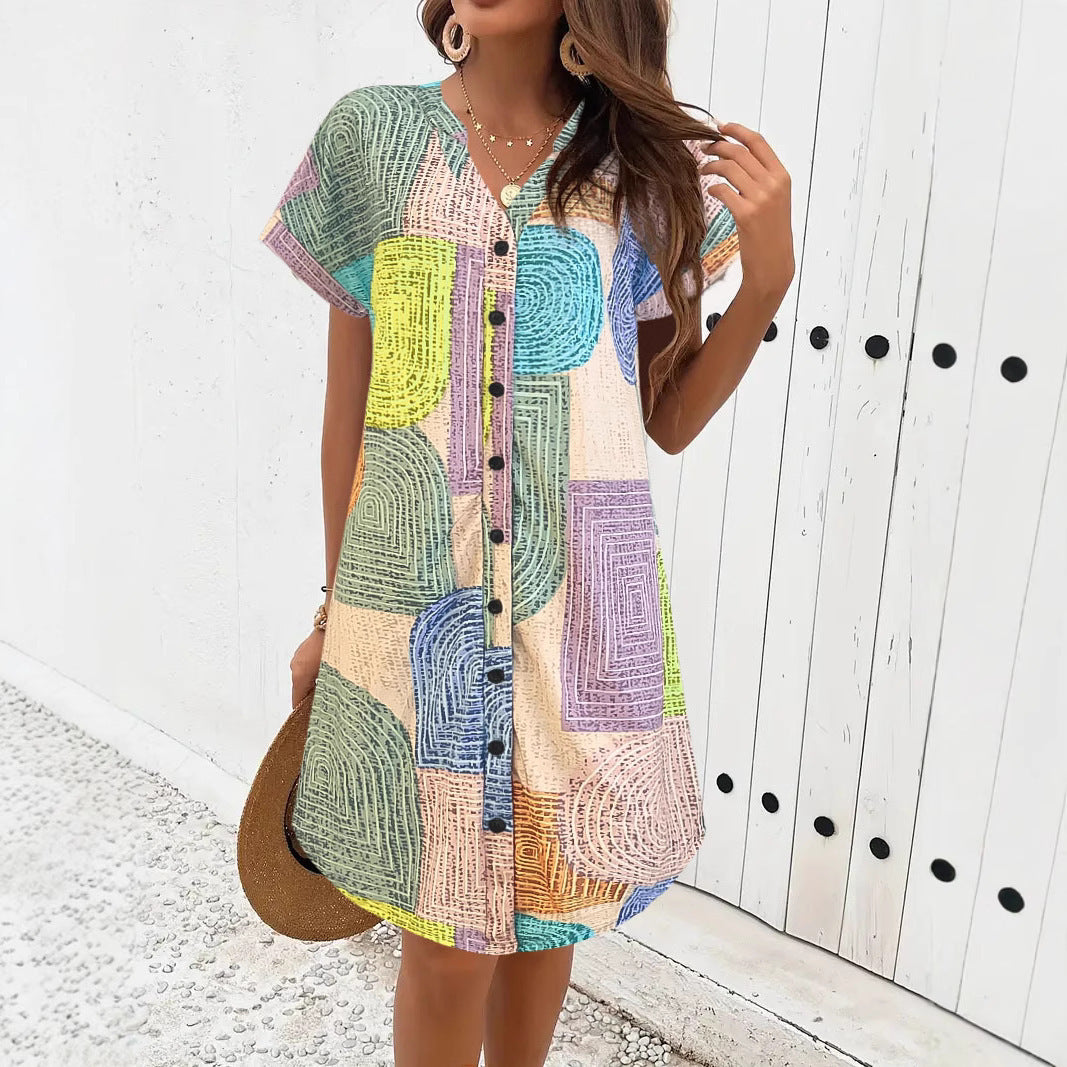Robe femme – Coupe ample – Col en V – Manches courtes – Boutonnée – Imprimé géométrique