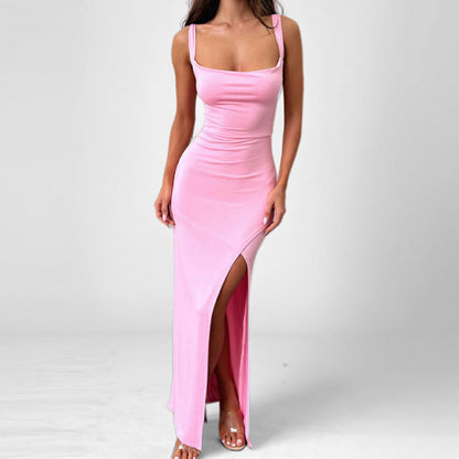 Robe longue femme – Coupe ajustée – Bretelles fines – Fente haute – Dos nu élégant