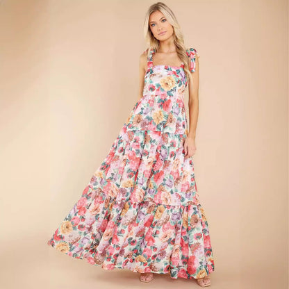 Robe longue femme – Sans manches – Imprimé fleuri – Coupe fluide – Tissu respirant