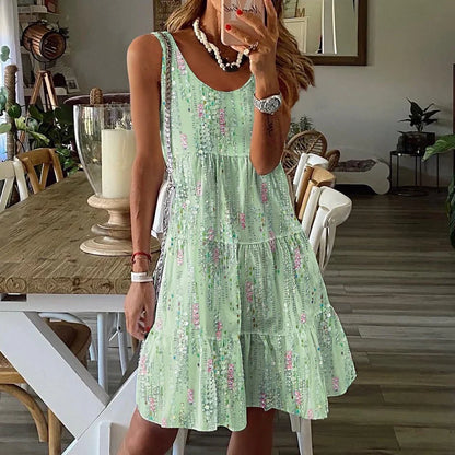 Robe femme – Coupe évasée – Coton respirant – Volants superposés – Sans manches