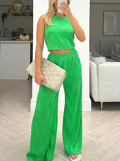 Ensemble femme deux pièces – Top court sans manches ajusté – Pantalon droit taille haute