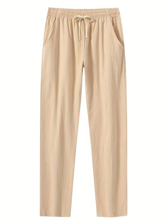 Pantalon femme – Coupe décontractée – Coton – Taille élastique avec cordon – Longueur cheville