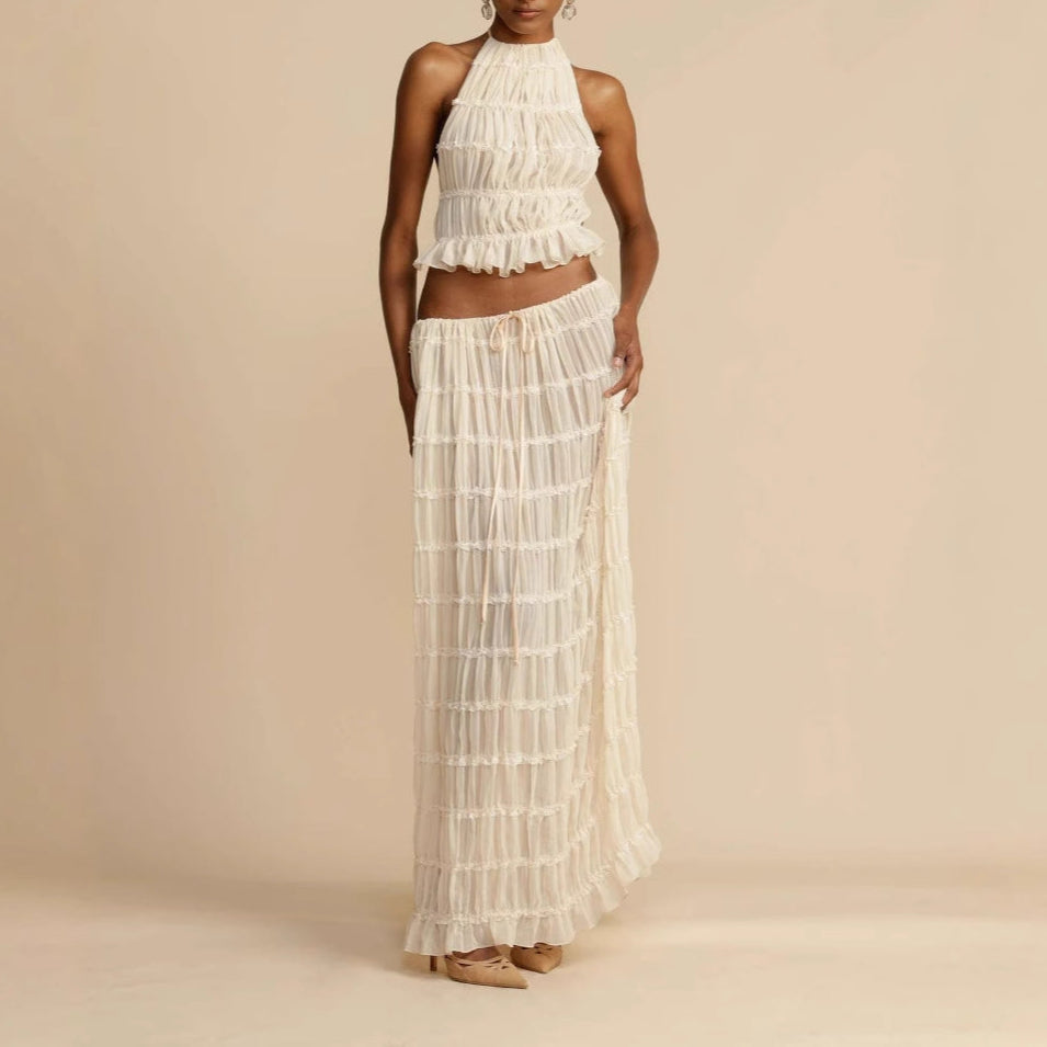 Ensemble Deux Pièces Femme – Haut Halter Froncé – Jupe Longue Taille Élastique – Tissu Respirant