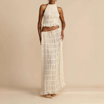 Ensemble Deux Pièces Femme – Haut Halter Froncé – Jupe Longue Taille Élastique – Tissu Respirant