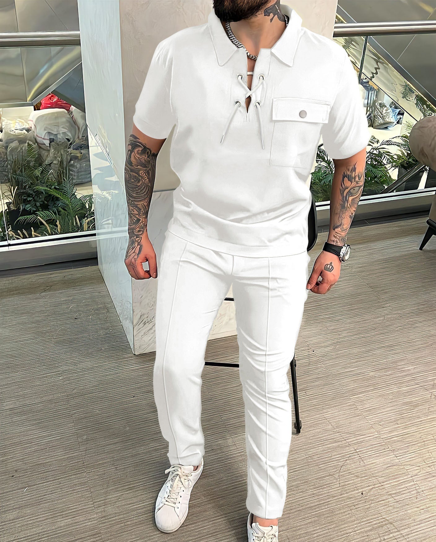 Men's two-piece set – Top with lace-up collar – Matching pants – Slim fit – Breathable fabric