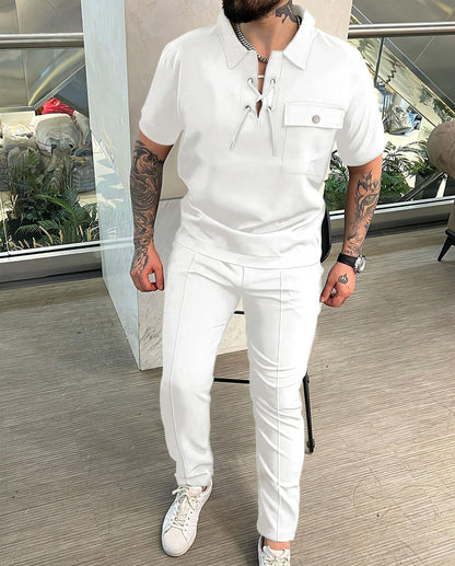 Men's two-piece set – Top with lace-up collar – Matching pants – Slim fit – Breathable fabric
