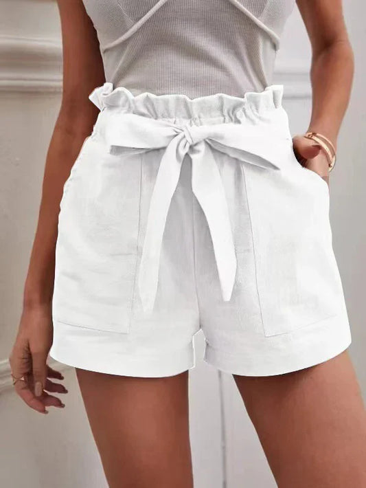 Short Femme – Taille Haute – Lin – Coupe Ample – Ceinture – Poches Avant