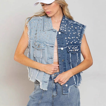 Veste en jean femme – Coupe courte – Patchwork – Clous décoratifs – Finition usée