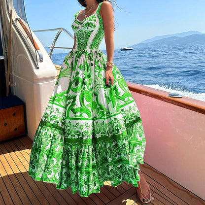 Robe longue pour femme – Coupe Fluide – Tissu Respirant – Jupe Volants – Imprimé Élégant