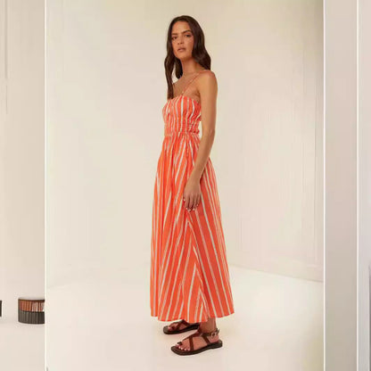 Robe Longue Femme – Épaules Dénudées – Bretelles Fines – Fronces – Coupe Fluide