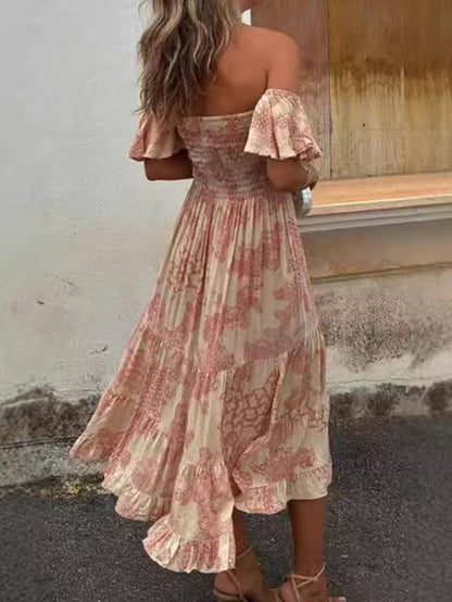 Robe Femme Épaules Dénudées – Coupe Ajustée – Manches Volants – Longueur Midi