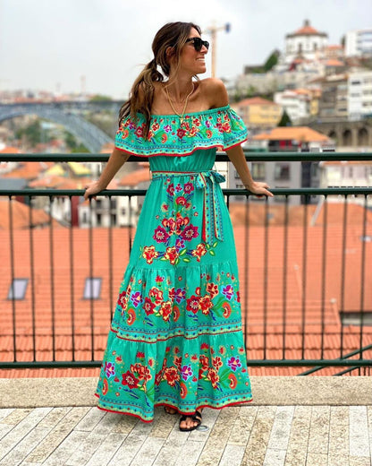 Robe longue femme – Épaules dénudées – Imprimé fleuri – Ceinture taille ajustable