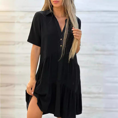 Robe femme midi – Coupe ample – Manches courtes – Col chemise – Fibres naturelles