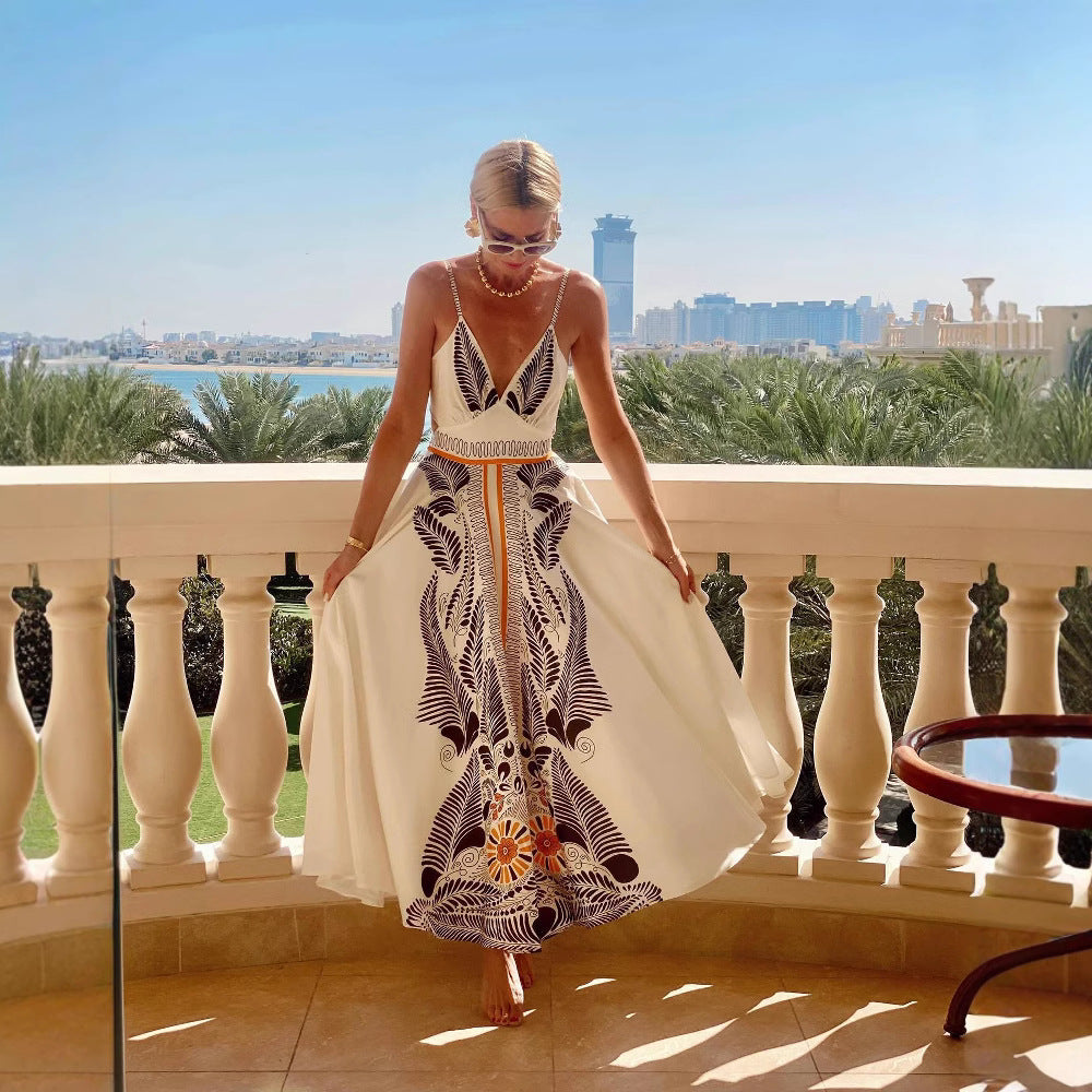 Robe longue femme – dos nu – coupe fluide – imprimé élégant