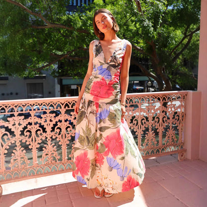 Robe longue femme – Coupe ajustée – Bretelles fines – Décolleté plongeant – Imprimé floral