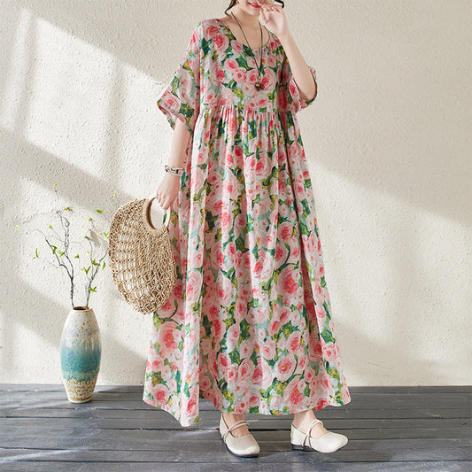 Robe longue femme – Imprimé fleuri – Coupe ample – Manches trois-quarts – Style fluide