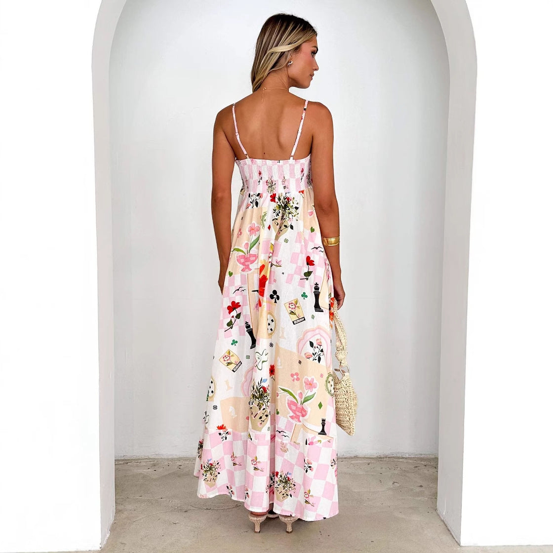 Robe longue femme – Dos nu – Coupe évasée – Tissu respirant – Imprimé fleuri
