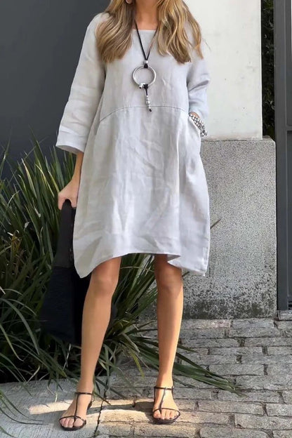 Robe femme – Coupe ample – Lin coton – Manches 3/4 – Longueur genou – Poches