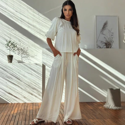 Ensemble Femme Deux Pièces – T-Shirt Manches 3/4 Nœud Dos – Pantalon Large Taille Élastique