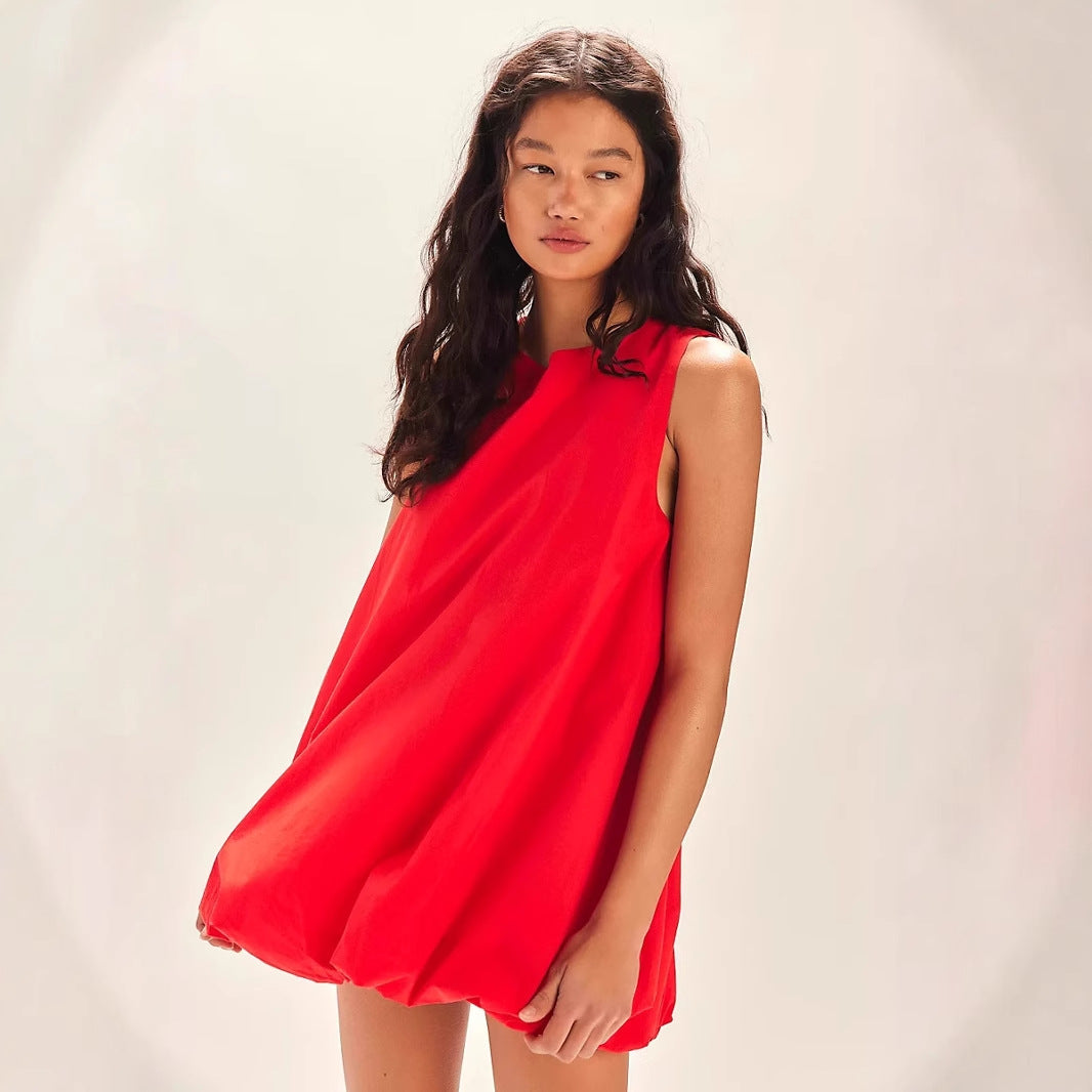 Robe courte femme – Sans manches – Dos nu – Coupe trapèze fluide – Ourlet ballon
