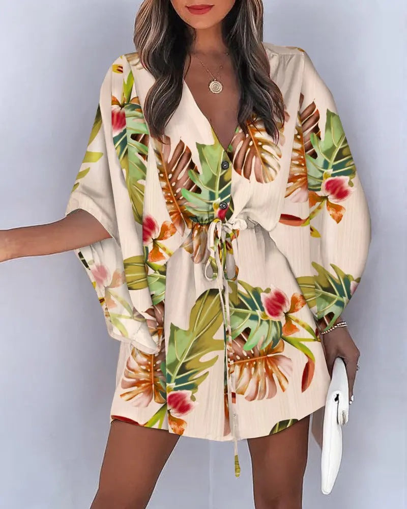 Robe femme décontractée – Coupe fluide – Mini longueur – Manches volantées – Taille à nouer